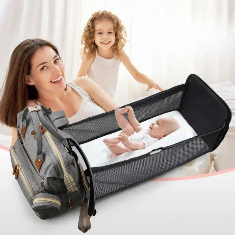 Mummy Backpack with Foldable Crib – All-in-One Diaper Bag & Baby Organizer