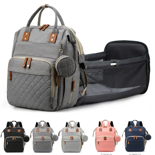 Mummy Backpack with Foldable Crib – All-in-One Diaper Bag & Baby Organizer